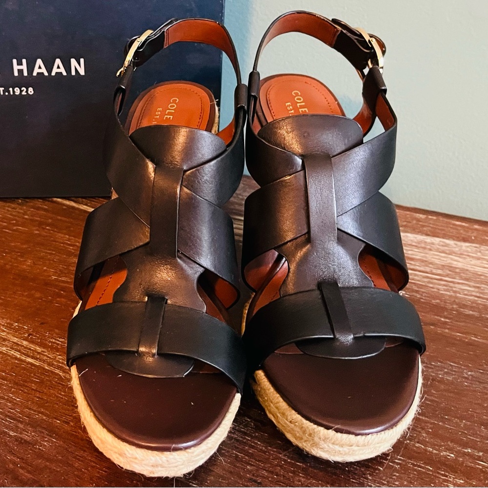 Cole Haan Breecey Wedge Sandals in Black Leather.